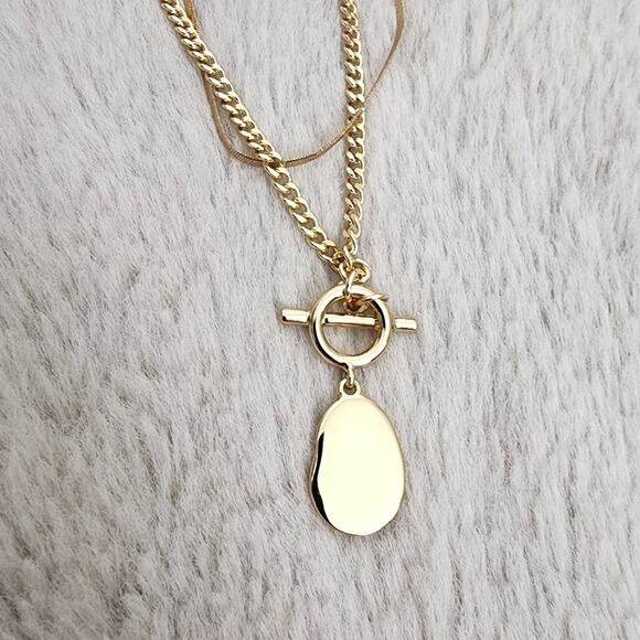 NEW J. Crew Hammered Gold T-Bar Pendant Necklace Double Strand Two Piece - Picture 6 of 8